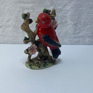 Vintage Ceramic Tanager Red Bird‎ Figurine on Branch Japan Decor